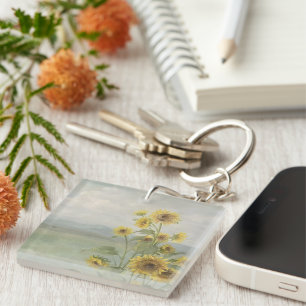 Porte-clefs Tournesol moderne aquarelle & image personnalisée