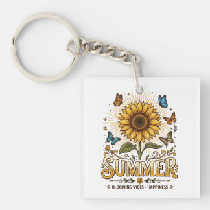 Porte-clefs Tournesol vibrant en fleurs avec papillons l'été