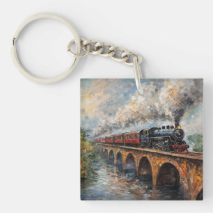 Porte-clefs Train à vapeur sur un pont - Peinture à l'huile