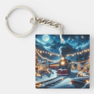 Porte-clefs Train de Noël magique dans un paysage enneigé