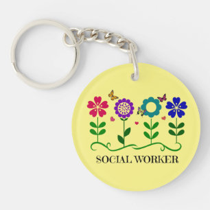 Porte-clefs Travailleur social...Fleurs, Coeurs et Papillons.