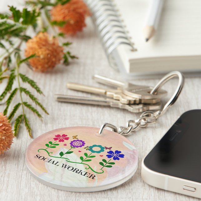 Porte-clefs Travailleur social, Pastel Springtime Design, (Devant droit)