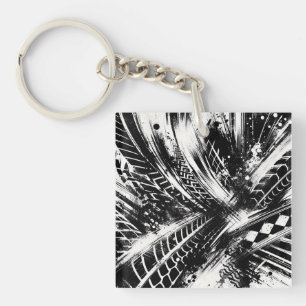 Porte-clefs Tread & Chaos – Abstract Black-and-White Tire Trac