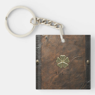 Porte-clefs Trèfle doré Saint-Patrick, Cuir marron