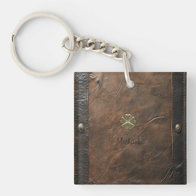 Porte-clefs Trèfle doré Saint-Patrick, Cuir marron (Devant)