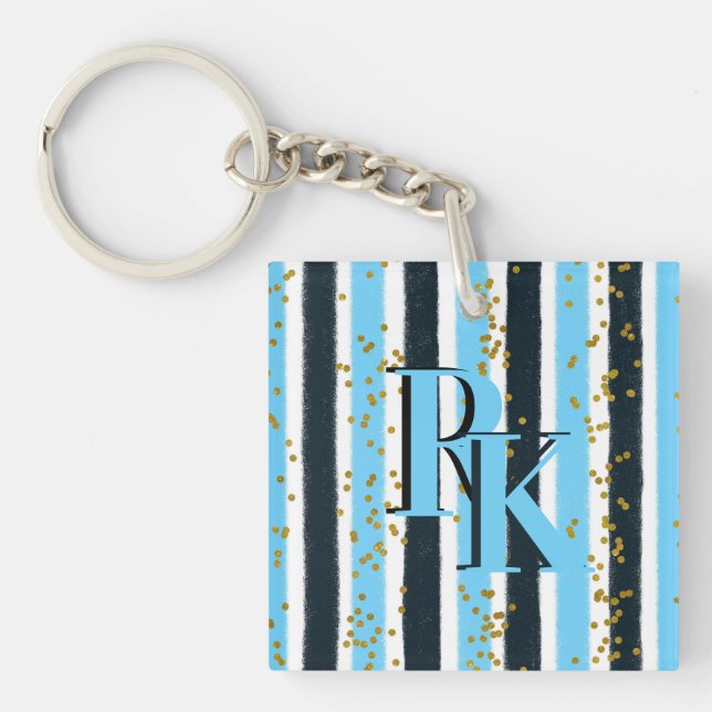 Porte-clefs Trendy Blue Stripe Gold Parties scintillant Monogr (Devant)