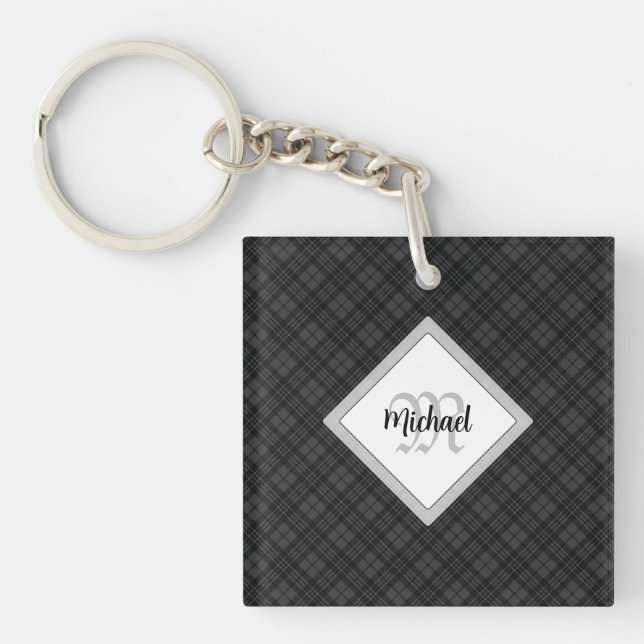 Porte-clefs Trendy noir blanc tartan Personnaliser Monogramme (Devant)