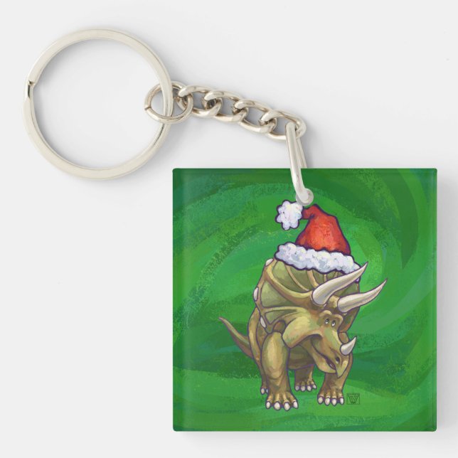 Porte-clefs Tricératops vert Noël (Devant)