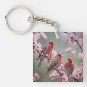 Porte-clefs "Trio écarlate : Pinsons rouges parmi les fleurs r