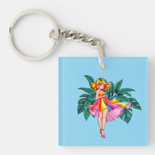 Porte-clefs Tropical Anime Girl in Black Dress Square Acrylic  (Devant)
