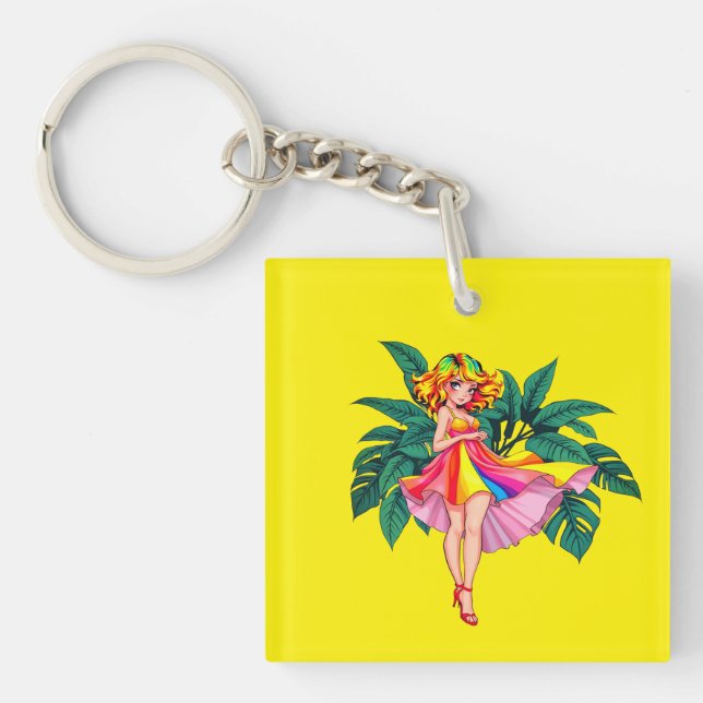 Porte-clefs Tropical Anime Girl rainbow Dress Square Acrylic  (Devant)