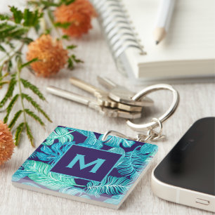 Porte-clefs Tropical Green Blue Feuille Motif Monogram