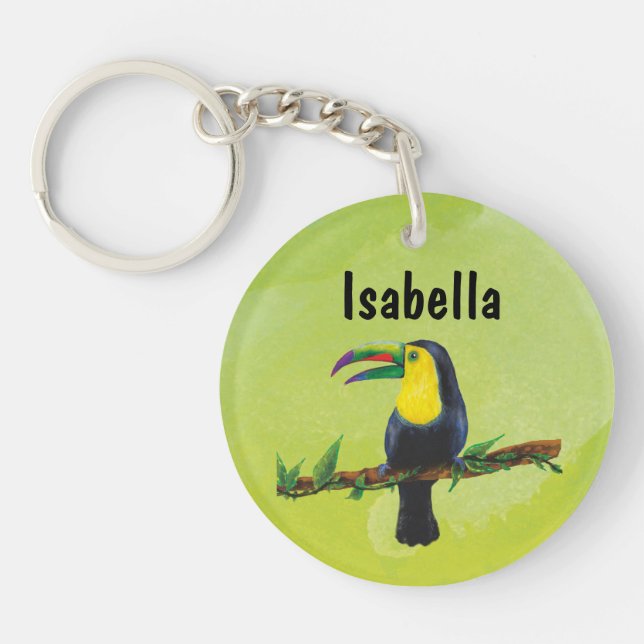 Porte-clefs Tucan exotique à fond aquarel vert (Devant)