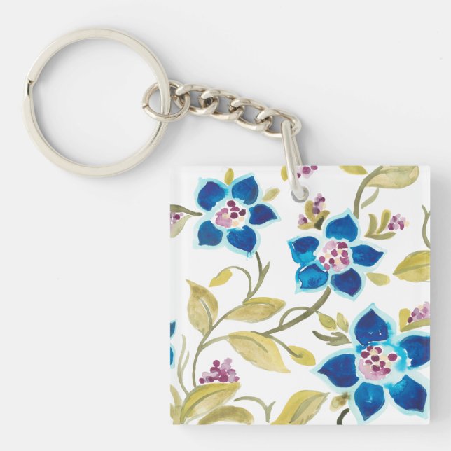 Porte-clefs Tuiles florales d'abbaye - fleurs bleues (Devant)