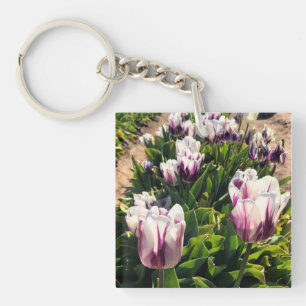 Porte-clefs Tulipes à rayures blanches et violettes