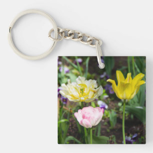 Porte-clefs Tulipes blanches, roses et jaunes dans le jardin