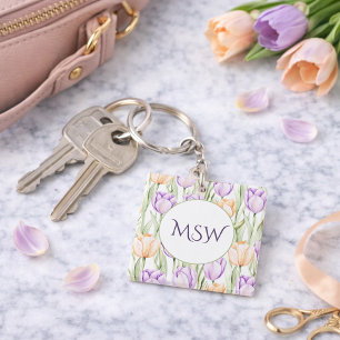 Porte-clefs Tulipes pastel pêche violet Monogramme floral de p