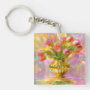 Porte-clefs Tulipes roses vibrantes dans le Vase d'or