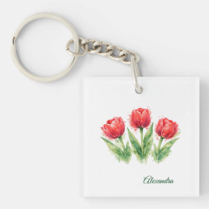 Porte-clefs Tulipes rouges aquarelles personnalisées