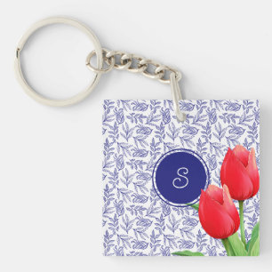 Porte-clefs Tulipes rouges élégantes Monogramme bleu floral de
