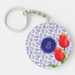 Porte-clefs Tulipes rouges élégantes Monogramme bleu floral de