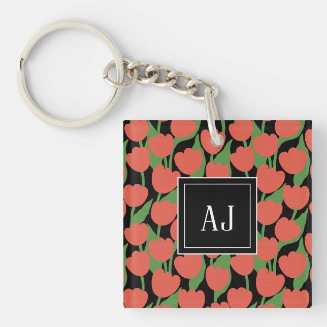 Porte-clefs Tulipes rouges rétro, monogramme personnalisé (Devant)
