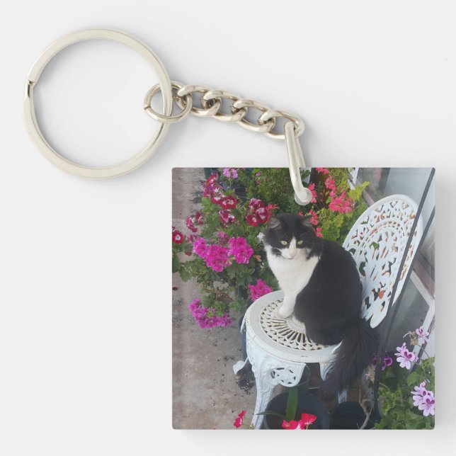 Porte-clefs Tuxedo Cat Cute with Pretty Flowers Black Cats (Devant)
