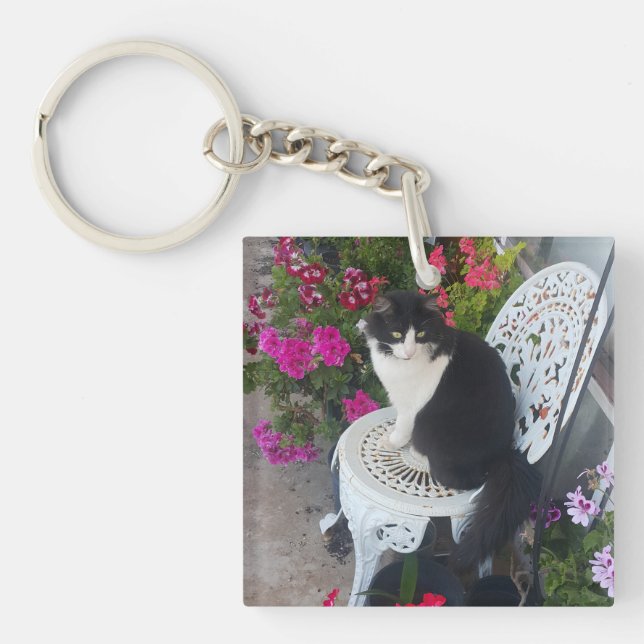 Porte-clefs Tuxedo Cat Cute with Pretty Flowers Black Cats (Devant)