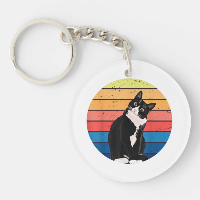 Porte-clefs Tuxedo Chat Cadeau Couleurs rétro pour Amoureux de (Devant)