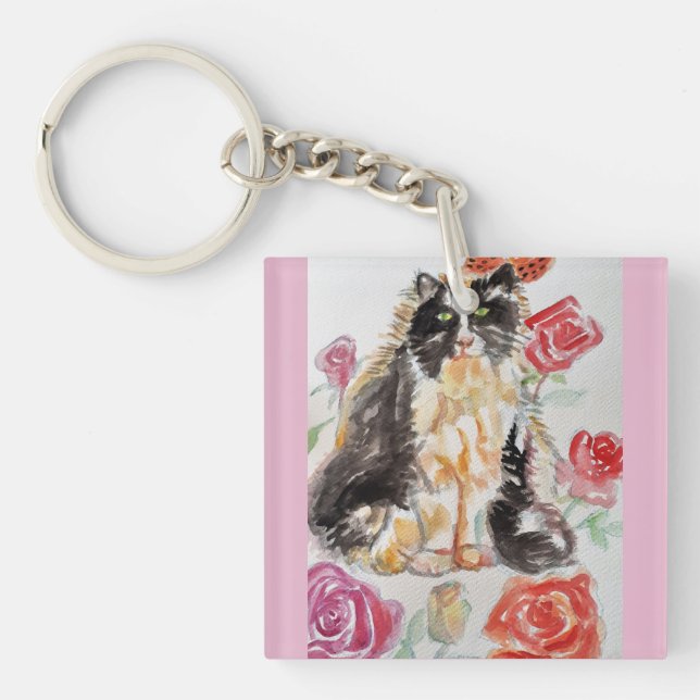 Porte-clefs Tuxedo Chat Cute Rose Fleurs Chats Aquarelle Rose (Devant)