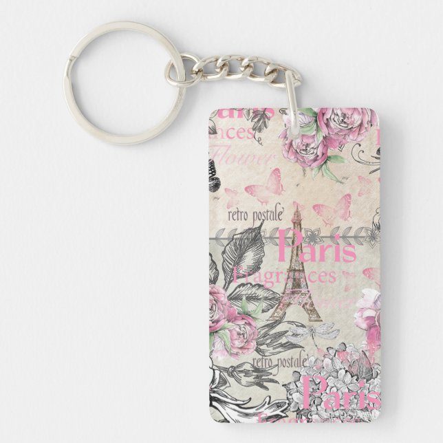 Porte-clefs Typographie florale rose chic de Tour Eiffel de (Devant)