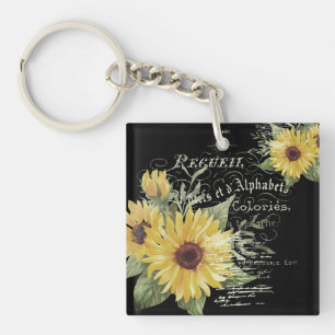 Porte-clefs Typographie vintage et tournesols sur fond noir