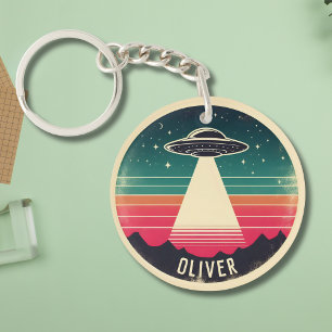 Porte-clefs UFO Vintage Personnalisé au Coucher du Soleil