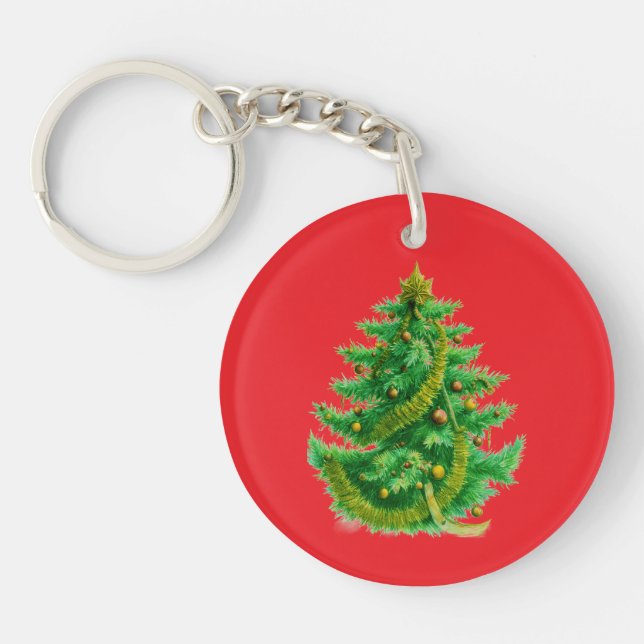 Porte-clefs Un arbre de Noël Mandelbrot avec des ampoules roug (Devant)