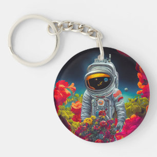 Porte-clefs Un astronaute coloré dans l'espace avec des fleurs