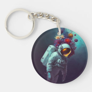 Porte-clefs Un astronaute coloré dans l'espace avec des fleurs