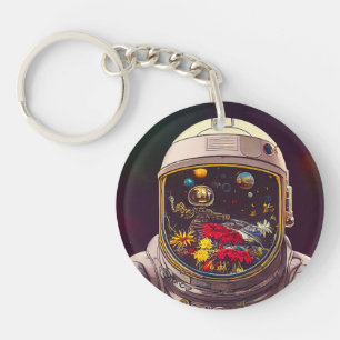 Porte-clefs Un astronaute coloré dans l'espace avec des fleurs
