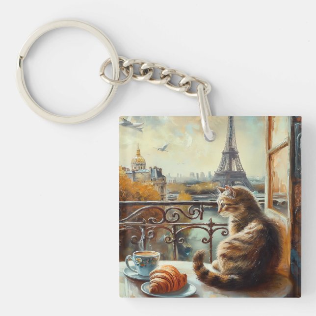 Porte-clefs Un matin à Paris | Chat au gingembre dans un café (Devant)