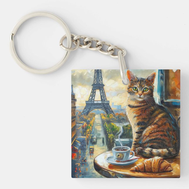 Porte-clefs Un matin à Paris | Chat tigré dans un café (Devant)