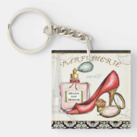 Une chaussure rouge, une bouteille de parfum, et