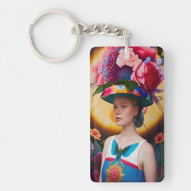 Porte-clefs Une dame avec un casquette solaire à fleurs (Devant)