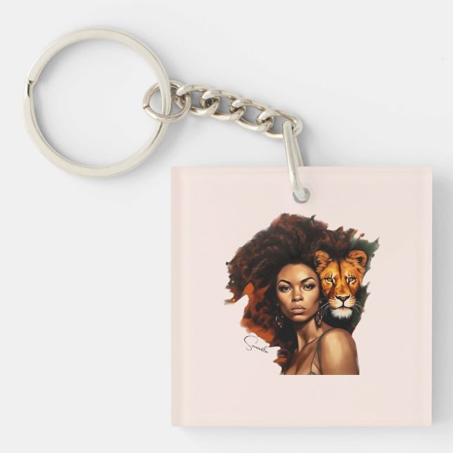 Porte-clefs Une femme afro-américaine avec un lion majestueux (Devant)