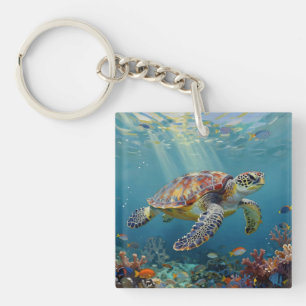 Porte-clefs Une Tortue de Mer et des Rayons de Soleil dans l'O