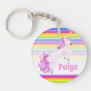Porte-clefs Unicorn prance rose arc-en-ciel rayures nom person
