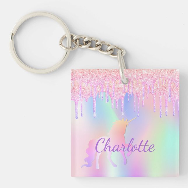 Porte-clefs Unicorn rose violet nom holographique fille (Devant)