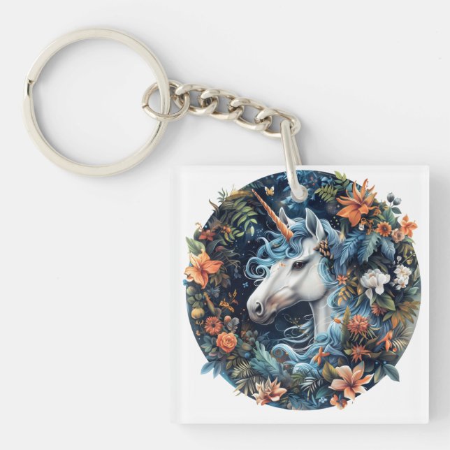 Porte-clefs Unicorne et fleurs design imaginaire (Devant)