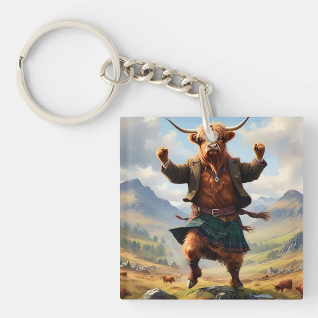Porte-clefs Vache des Highlands dansant le Highland Fling, (Devant)