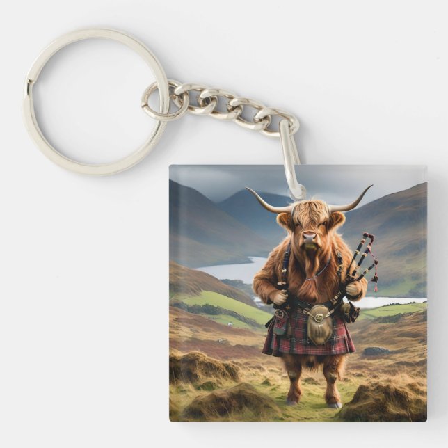 Porte-clefs Vache Highland Écossaise Sonneur De Cornemuse, (Devant)