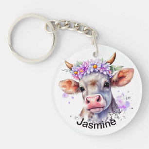 Porte-clefs Vache mignonne avec votre nom aquarelle florale fe