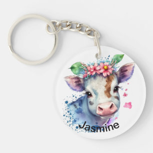 Porte-clefs Vache mignonne avec votre nom aquarelle florale fe